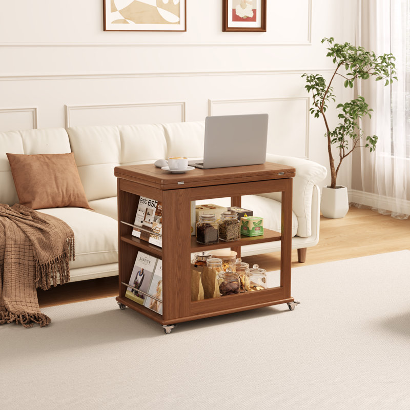 27.5"-36.2"Drop Leaf Expandable Rolling Coffee Table with Double Storage Shelves,  Foldable Side Dining Cart for Small Space Living Room