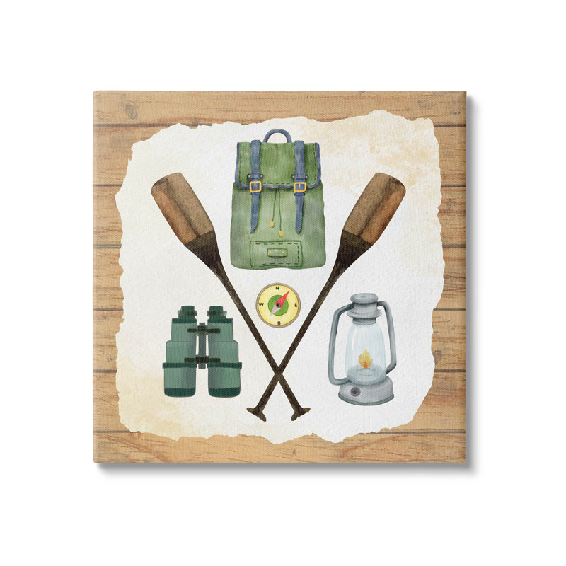 Adventure Camping Equipment Kids Canvas Wall Art in Light Brown Frame