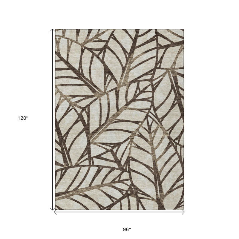 8' X 10' Chocolate And Beige Floral Washable Indoor Outdoor Area Rug