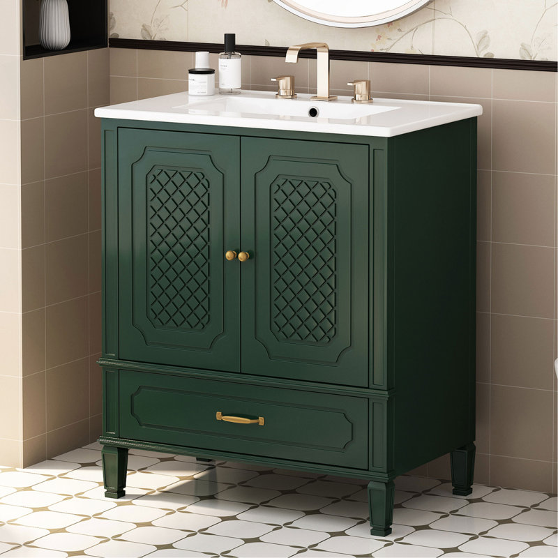 Meuble-lavabo rétro avec lavabo, rangement et fabrication durable, Vert foncé