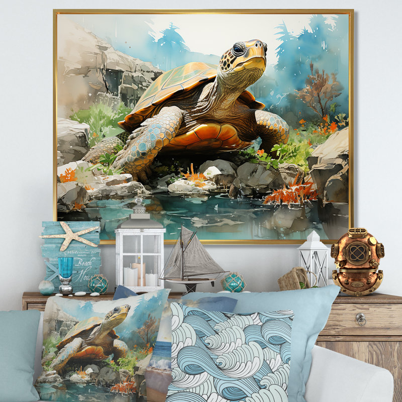 Vie marine contemporaine sur toile, Cadre flottant doré, H 24 po x l 32 po x P 1 po