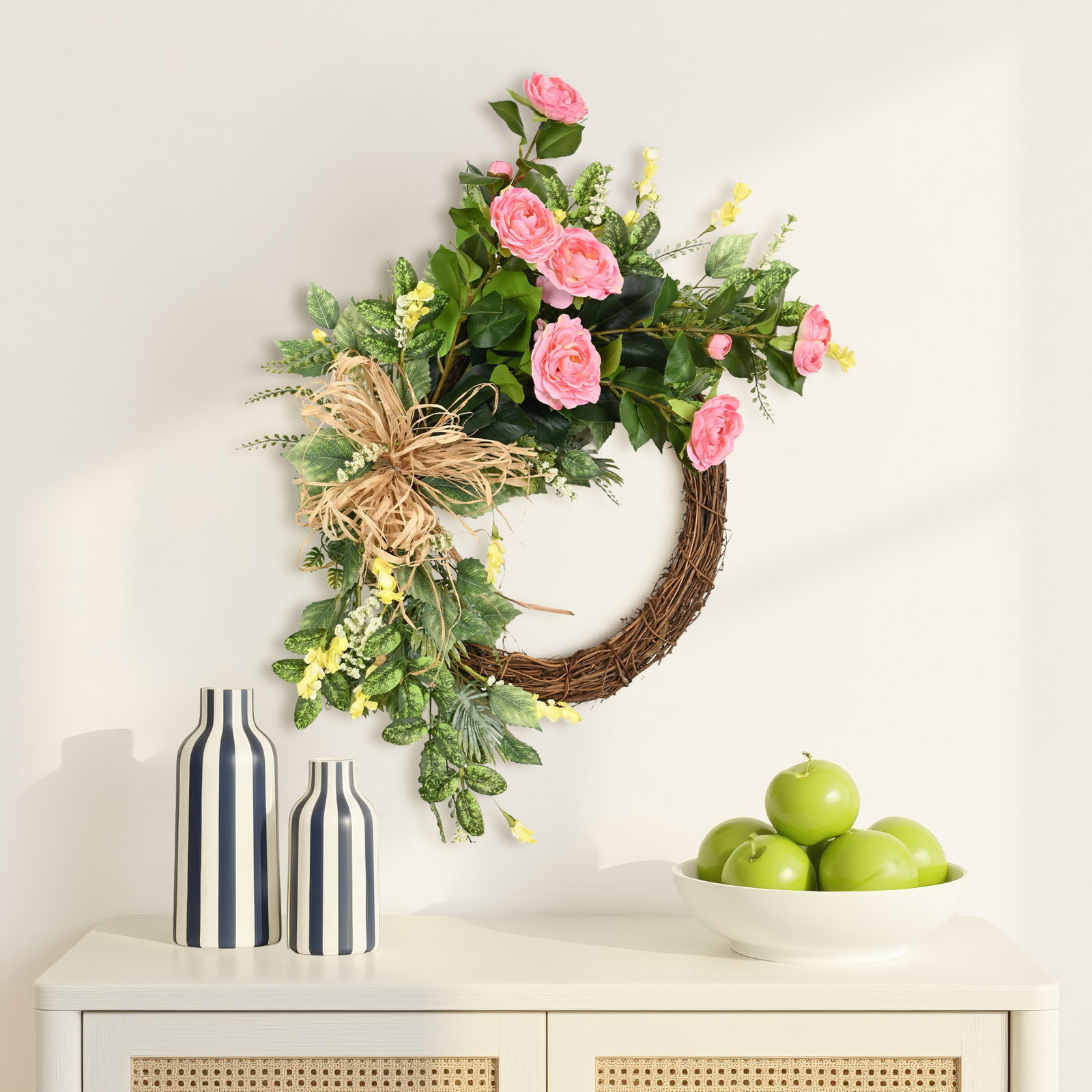 24" Handcrafted Peony No Holiday Wreath, Pink/Green