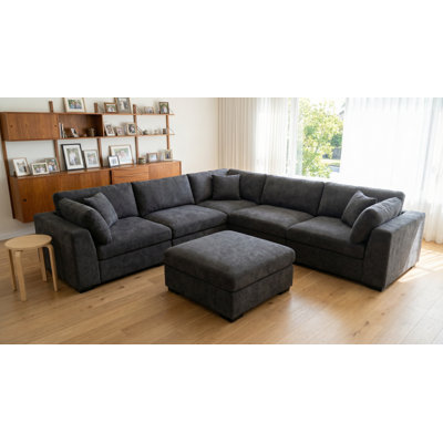 Upholstered 6-seater Comfy Modular Couch Sectional With Large Ottoman, Wider Seat & Removable Back Cushion