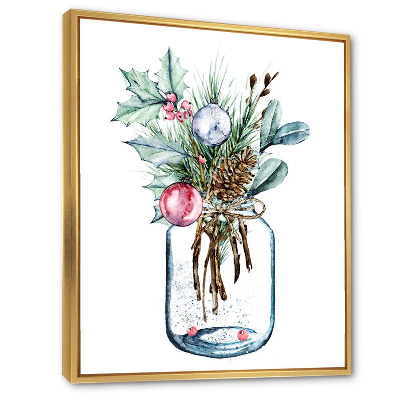 Merry Christmas Greenery in Transparent Pot - Peinture sur toile, H 32 po x l 24 po x P 1 po, Cadre flottant doré