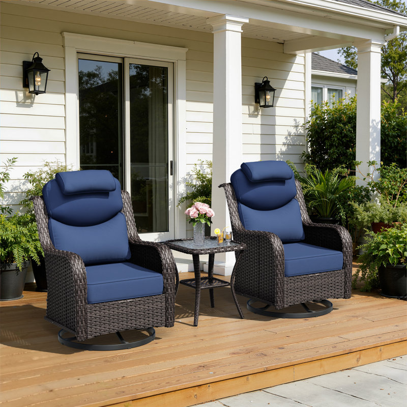 Adcox 2-Person Outdoor Patio Conversation Rattan Sets  With Side Table,Neck & Lumbar Pillows 2 Swivel Chairs and Blue Cushions