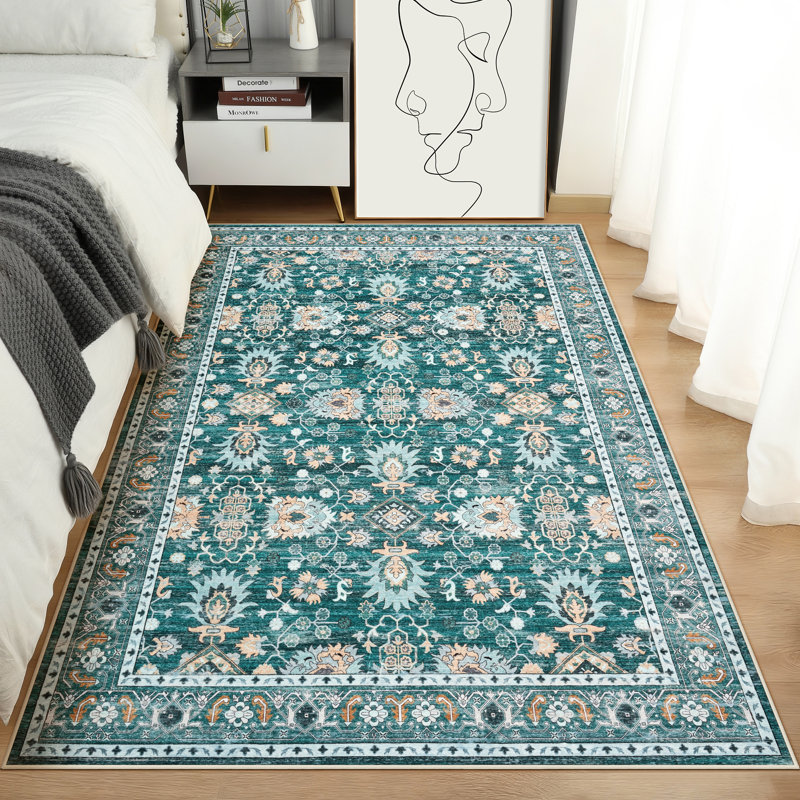 Large Area Rug 9x12 Vintage Rug Non Slip, Thin Washable Oriental Carpet, Soft Non Shedding Floor Covering, Low Pile Foldable Printed Mats for Open Spaces Office Hotel, Green