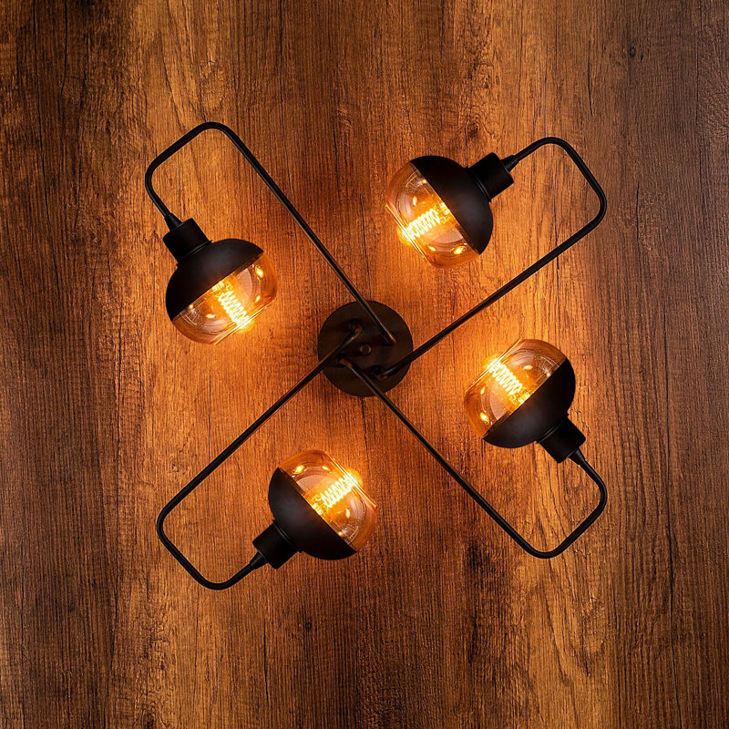 Industrial Style Chandelier, Black Metal Body, 28.3 in Diameter x 8.7 in Height | 4 x E27 Socket, Max 40W | Elegant Glass Cap & Base Plate (12 in Diameter x 1.2 in Height) | Perfect for Modern Home Décor & Lighting