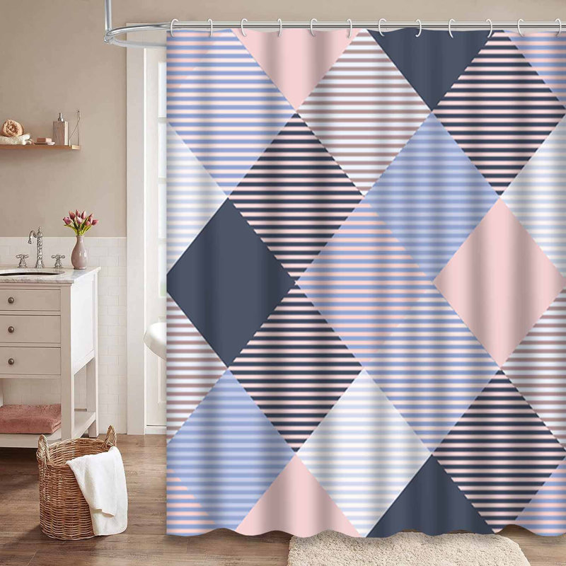 Rideau de douche sans couture à carreaux bleus et transparents avec 12 crochets, L 72 po x l 84 po