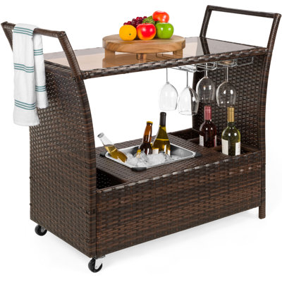 Wildon Home® Wicker Outdoor Rolling Bar Cart w/ Ice Bucket, Glass Countertop, Glass Holders