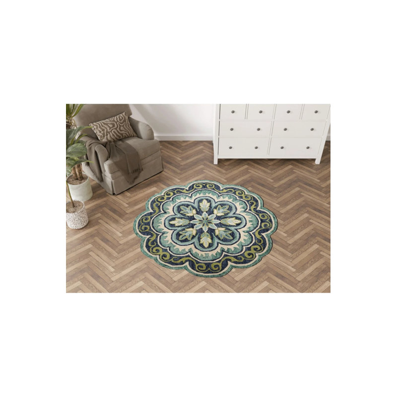 Blue Tone Traditional Motif Floral Patterned Woven Base Round Decorative Carpet, Novelty 4' x 4'