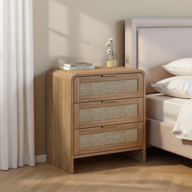 22.8" Wide，rattan 3-drawer Curved Nightstand, Caramel Oak