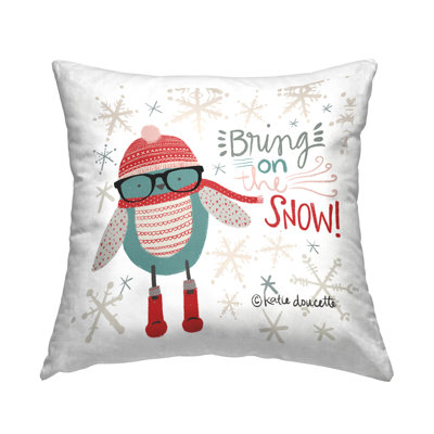 Bring On The Snow Happy Patterned Blue Bird Printed Throw Pillow Design By Katie Doucette