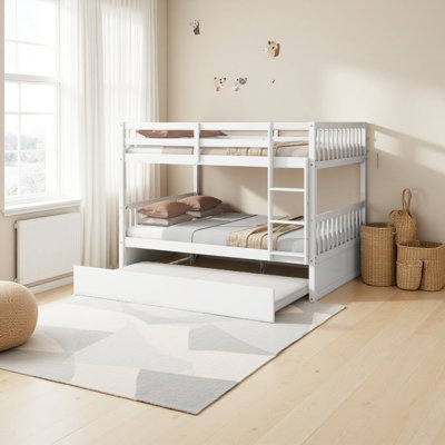 Full Over Full Rubber Wood Bunk Bed With Trundle, Ladder And Guardrails, Convertible To 2 Full Size Beds, With Twin Size Trundle