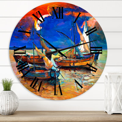 Fishing Boats On The Water With Dark Blue Sky I - Lake House wall clock