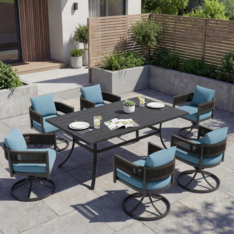 7-Pieces Wicker Steel Dining Sets, Teal/Black