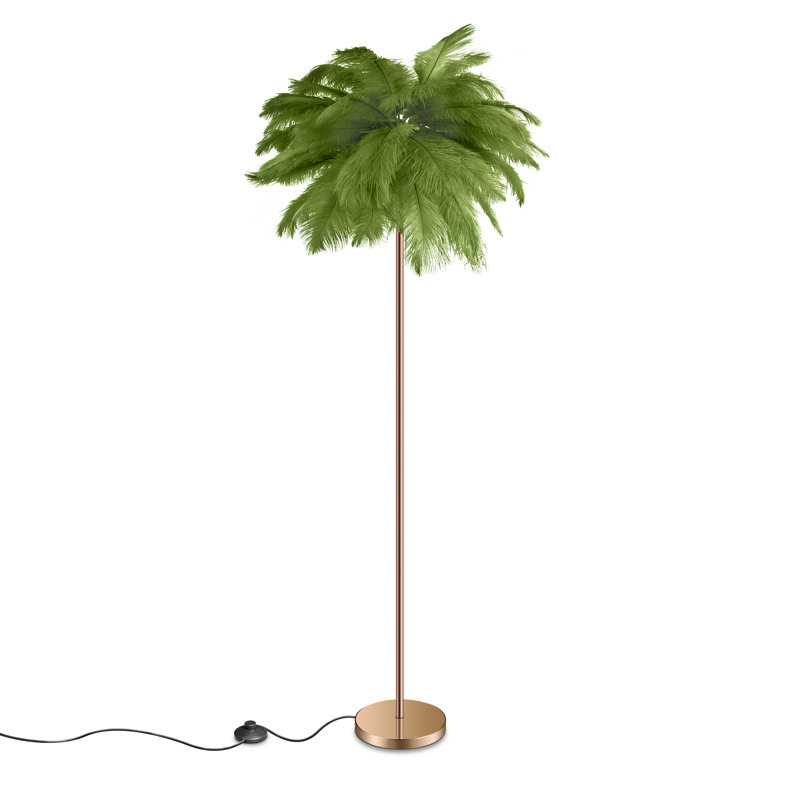 61'' LED Brass Feather Floor Lamp With Outlet, Olive Green