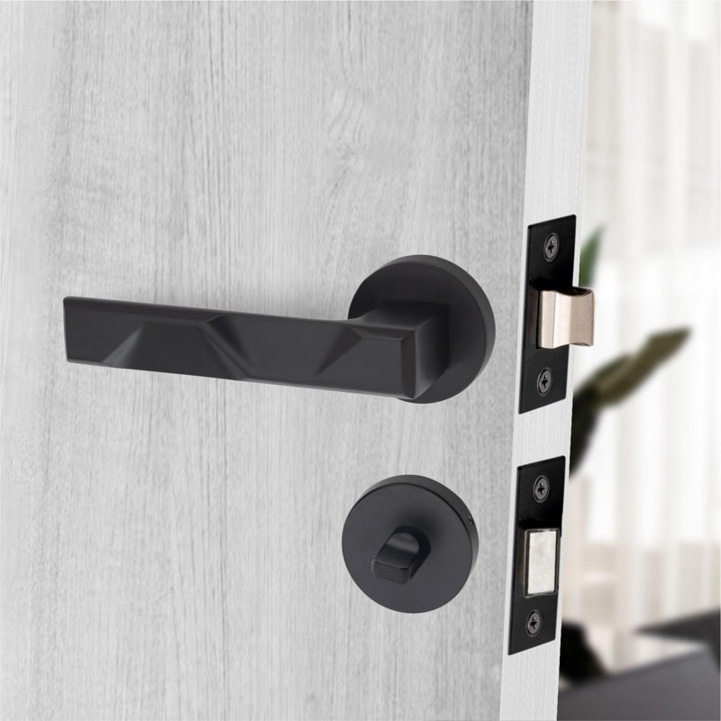  Modern Nova Premium Design Bathroom Door Handles on Round Rose in Matt Black Finish with Dead Bolt, Latch, Ball Hinges and Thumbturn