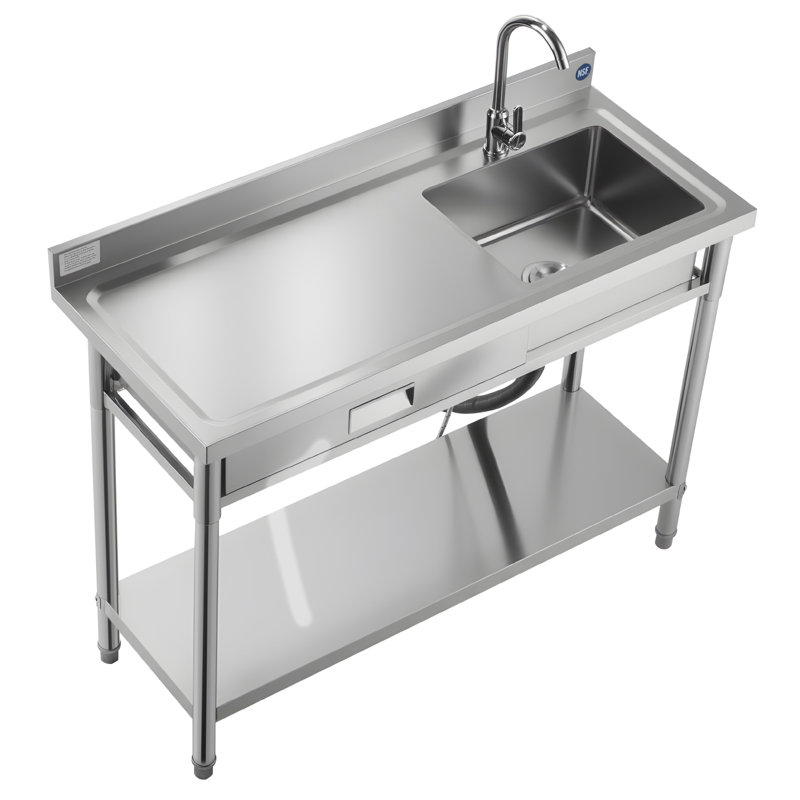 Évier utilitaire en acier inoxydable, évier de cuisine commercial à simple cuve roulante avec tiroir, robinet et tuyau d'eau chaude et froide, lavabo utilitaire pour garage, restaurant, buanderie, 47,2 x 19,7 x 37 po