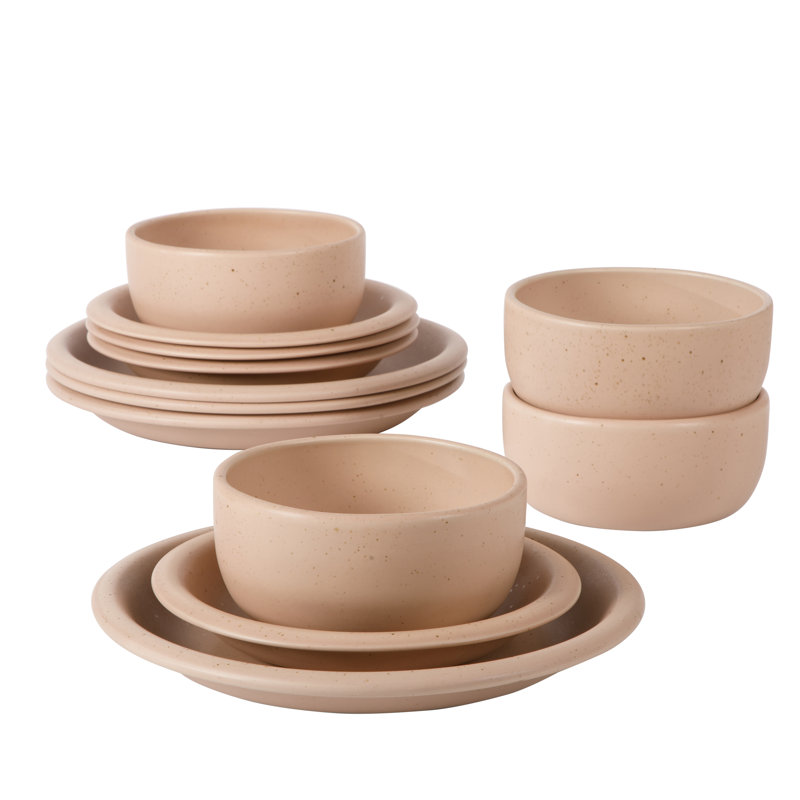 Bloomhouse Corcisa Clay 12 Piece Stoneware Reactive Glaze Dinnerware Set - Prosecco Blush Pink, Red