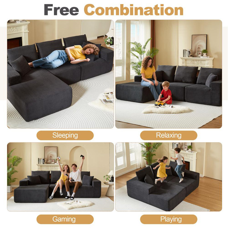 Sectional Sofa, Black Corduroy
