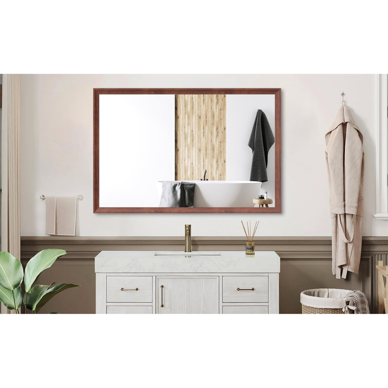Miroir mural moderne surdimensionné de 122 x 81 cm avec cadre en aluminium couleur noyer, vision claire, installation verticale ou horizontale, design robuste, montage rapide, idéal pour salle de bain et salon.