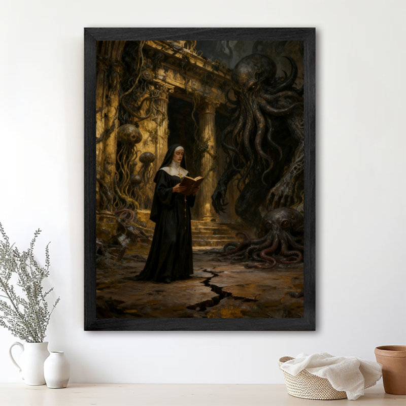 Reproduction d'art encadrée noire rétro «The nun and the octopus Sea Monster», H 25 po x l 17 po