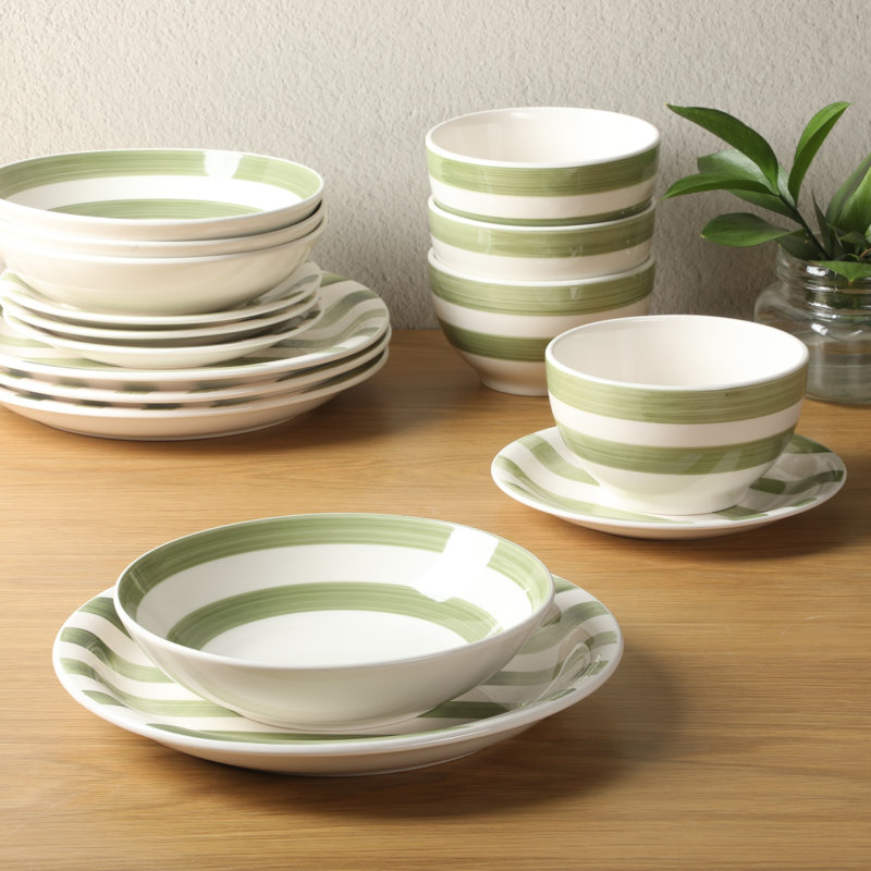 Service de table en grès 16 pièces Gibson Home Kenwood Shores, assiettes et bols peints à la main, service pour 4 - rayures vertes