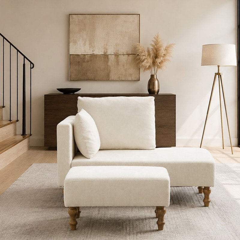 Chaise longue d'intérieur rembourrée en chenille de 181 cm de large avec repose-pieds, Beige
