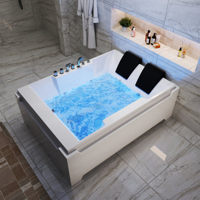 Baignoire tourbillon à jets de 73 po x 48 po pour 2 personnes, hydromassage et chromathérapie, baignoire autoportante avec jets et lumières, acrylique, drain à gauche Casainc