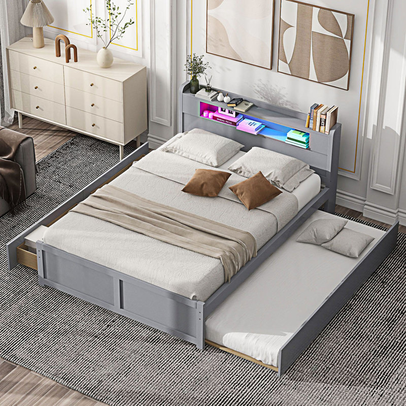 Lit plateforme avec rangement à DEL, 2 tiroirs et 1 lit gigogne simple, cadre de lit moderne, gris