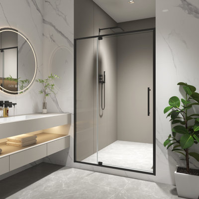 44 - 48"W X 74"H Pivot Shower Door, 5/16" Tempered Glass, Matte Black, Open Outside, 105 Degree Stop, Easy Installation, 4 Inch Adjustment, 304 Stainless Steel Hinges And Handles, Leakage, Magnetic