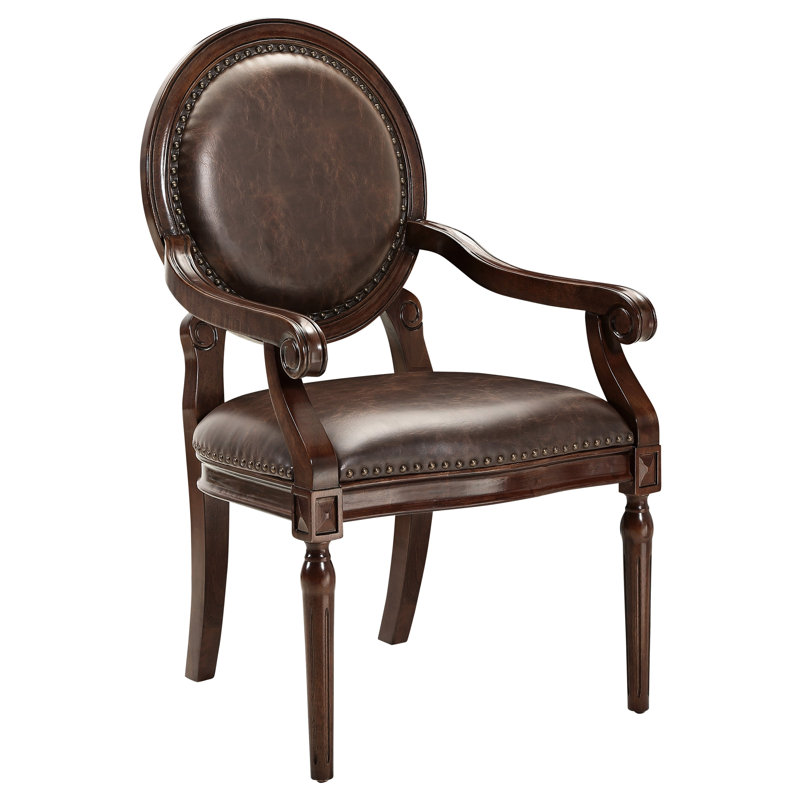 Fauteuil classique en similicuir brun foncé avec structure en bois massif pour garniture cloutée de bureau