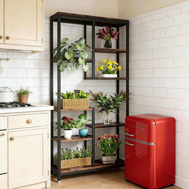 Stylish Industrial Bookshelf With 8 Staggered Shelves, Ideal For Home Decor And Versatile Storage Solutions