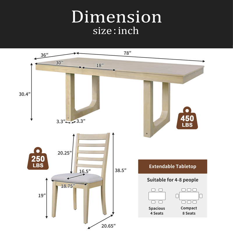 Ensemble de table de salle à manger extensible 7 pièces, table de ferme avec rallonge 18 ", table de cuisine rustique en bois 78" et chaises rembourrées 6 pièces, ensemble de table de salle à manger extensible pour salle à manger