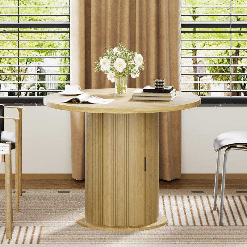 Table de salle à manger ronde, pouvant accueillir de 2 à 4 personnes, table de salle à manger de cuisine de restaurant de 31 pouces, avec support de rangement à double couche et support à vin, mobilier de salle à manger à porte coulissante en bois à rainure moderne (bois naturel non extensible)