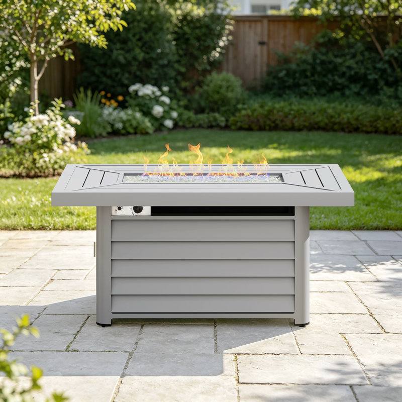 Table de foyer d'extérieur au propane en aluminium avec couvercle Baecher, Gris clair, H 24,6 po x l 51,9 po x P 33,9 po