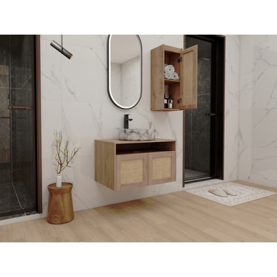 30" Bathroom Vanity with Ceramic Art Sink and Side Cabinet, 2-Soft Close Door, Float Mounting Design, Plywood (KD-Packing)