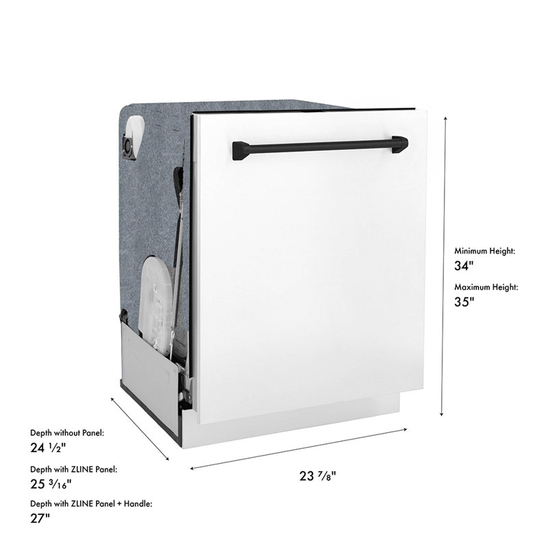 ZLINE Autograph 24 in. 3rd Rack Dishwasher w/ Auto Door Open, 44dBa, White Panel & Black Handle, Matte Black, White