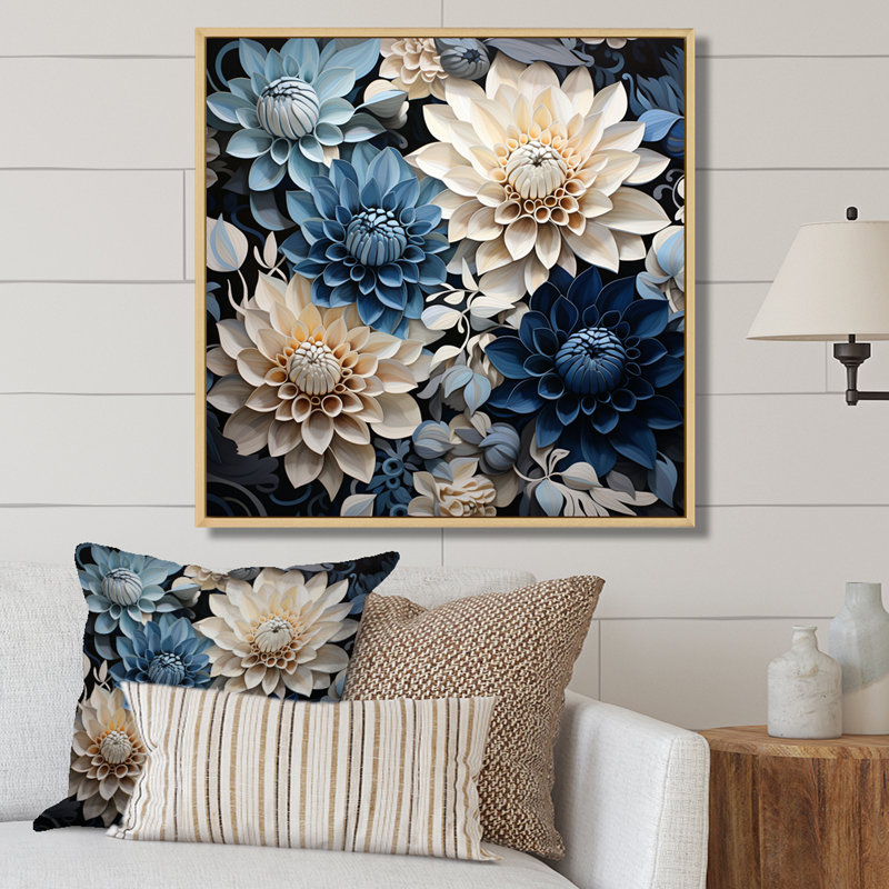 Décoration florale bleue et blanche - Dahlia, Cadre naturel flottant, 36" H x 36" W