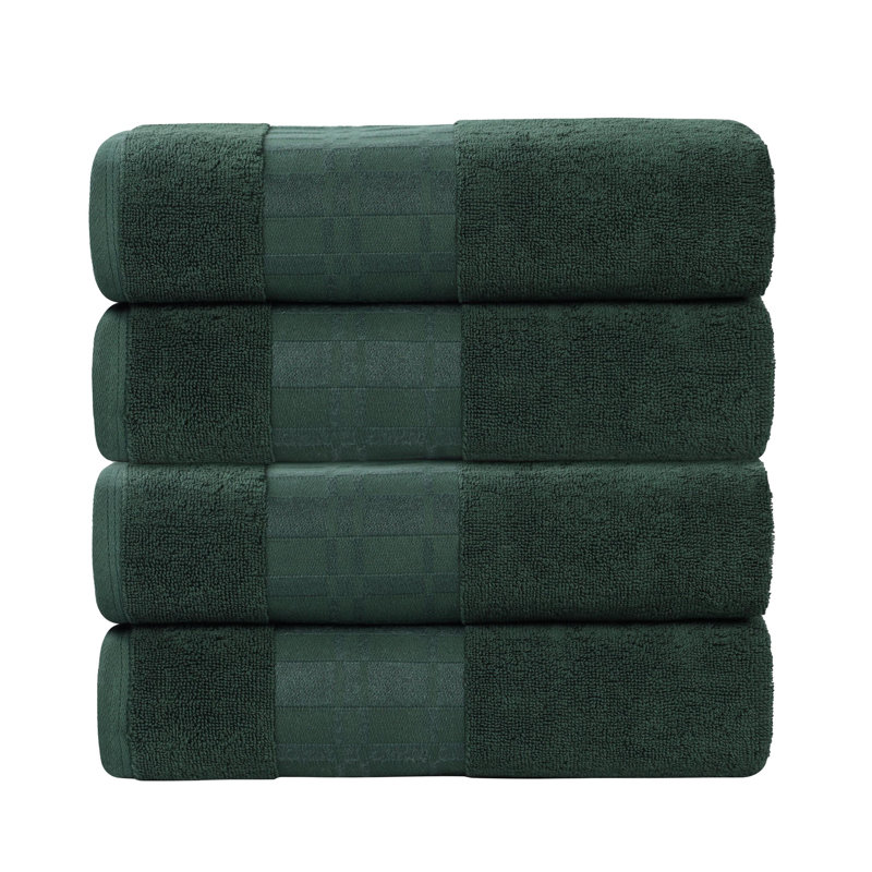 Mikira Larissa Cotton Medium Weight Geometric Border Bath Towel, Forest Green