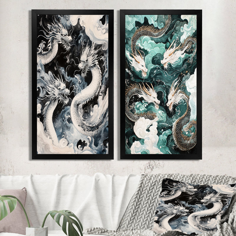 «Chinese Majestic Dragons Fight I», ensemble de 2 décorations murales abstraites modernes, H 40 po x l 40 po, Toile tendue