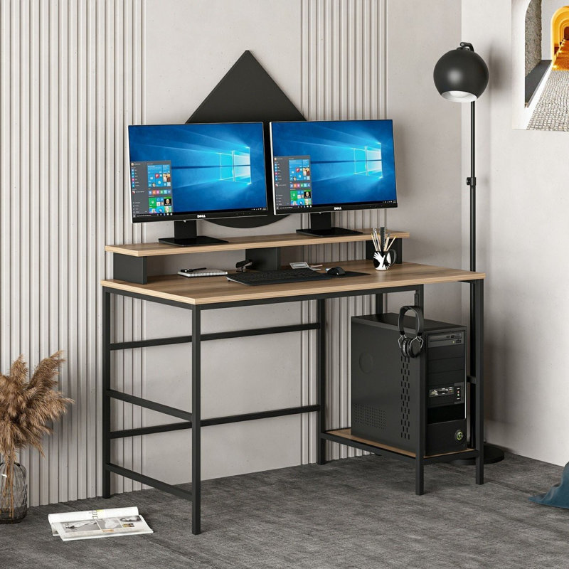 Modern Study Desk with Upper & Lower Shelves, Dore & Black, 47.2 x 29.1 x 23.6 inches | 100% Melamine Coated Particle Board, Thickness: 0.7 inches | Industrial Design, Perfect for Home Office & Study Spaces