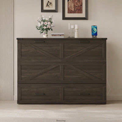 Lit escamotable double pleine grandeur avec station de charge, lit plateforme pliable avec grand tiroir de rangement, pour chambre d'amis et petite chambre, gris rustique