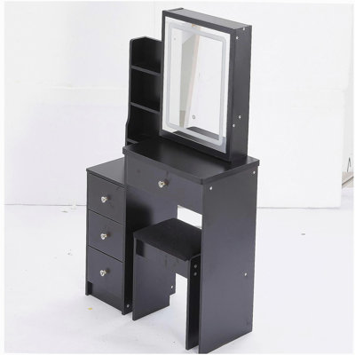 Petite coiffeuse 29,2 po avec tabouret de chevet gauche + grand tabouret rembourré, commande tactile, interrupteur tricolore, miroir à luminosité réglable, rangement grande capacité, convient aux petits espaces
