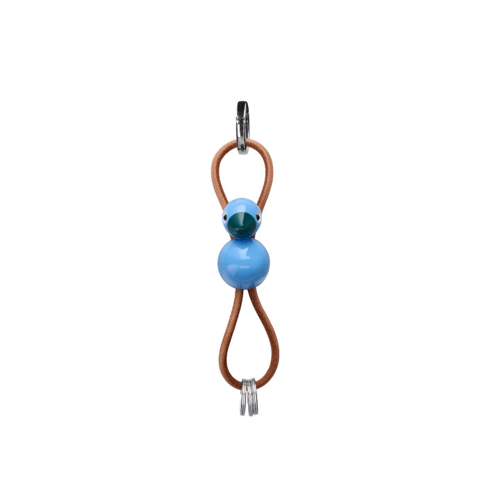 Bird Silver Metal Keychain with Natural Leather, Blue
