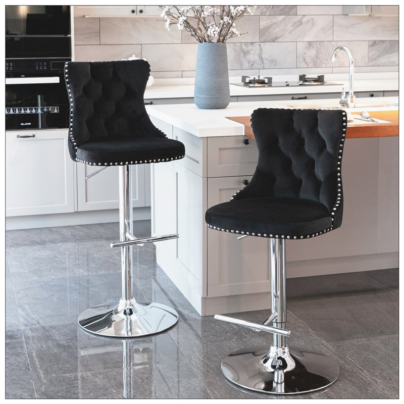 2PCS Velvet Swivel Tufted Back Barstools With Metal Silver Base, Black