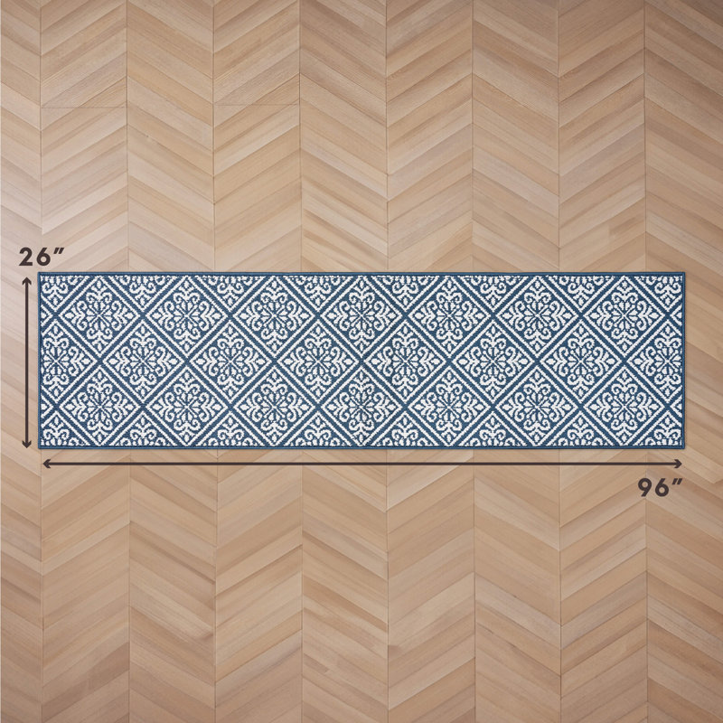 Austell Machine Woven Synthetic Geometric Area Rug in Blue/White, Runner 2'2" x 8'