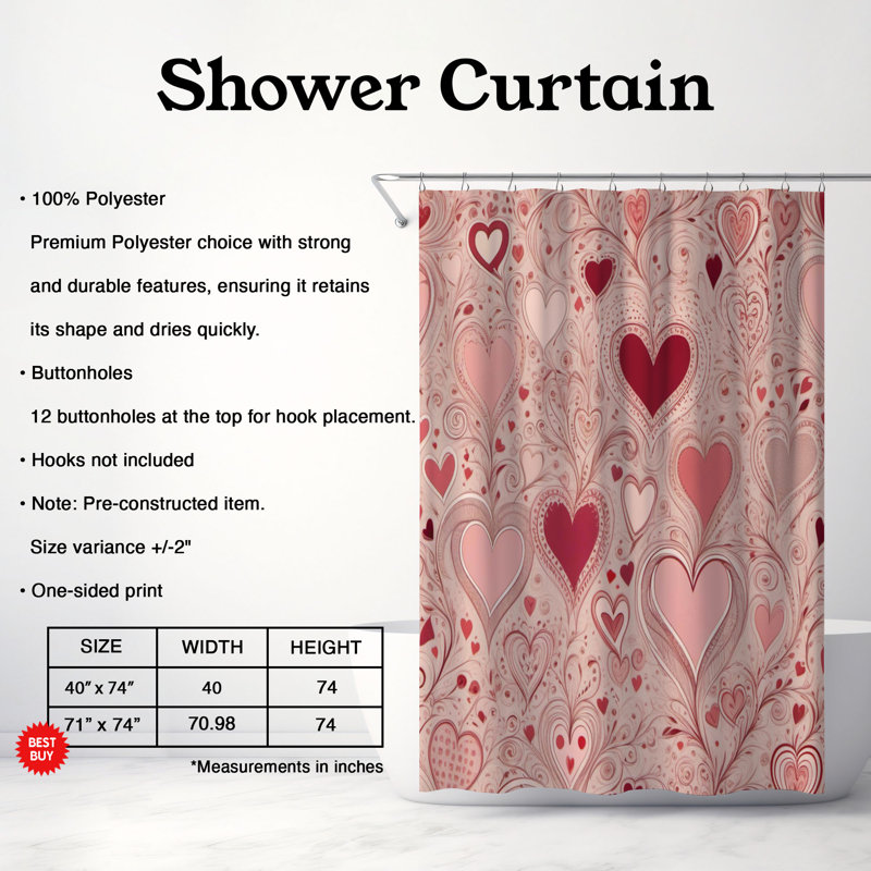 Rideau de douche standard 1 pièce Rosy Heart Whispers, H 74 po x l 40 po