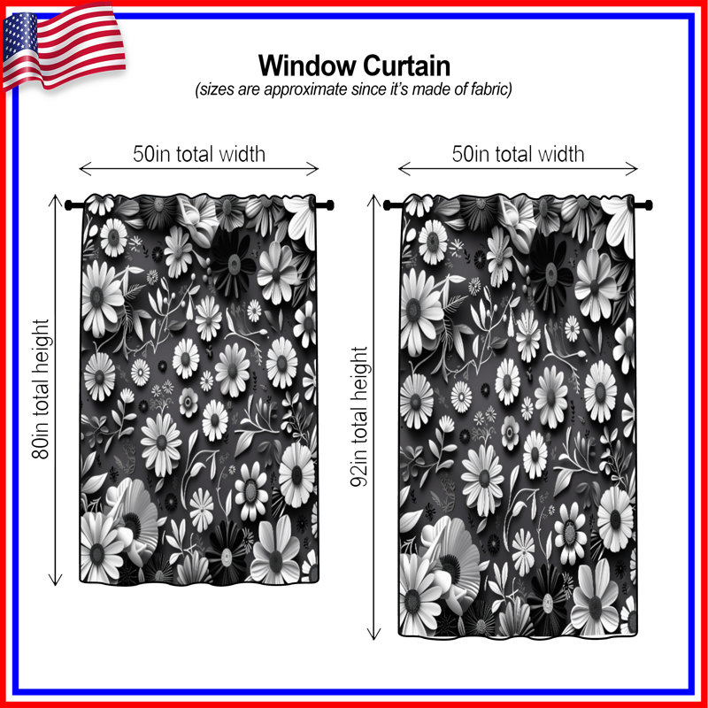 Rideaux de fenêtre BlackWhiteFloral, voilages floraux et rideaux occultants - 1 panneau, 50 po x 80 po - 1 panneau