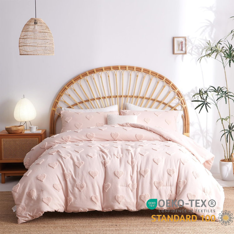 Nayoroom Tufted Heart Dot Comforter Set Boho Ultra Soft Jacquard Lightweight Comforter Washed Microfiber Bedding Set, Pink